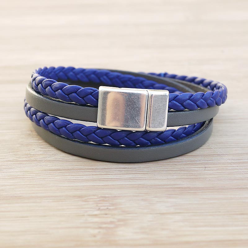 Bracelet cuir artisanal femme cuir tressé 2 lanières bleu - FiFi