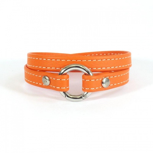 Bracelet cuir artisanal cousu orange fermoir porte-clé en acier inoxidable